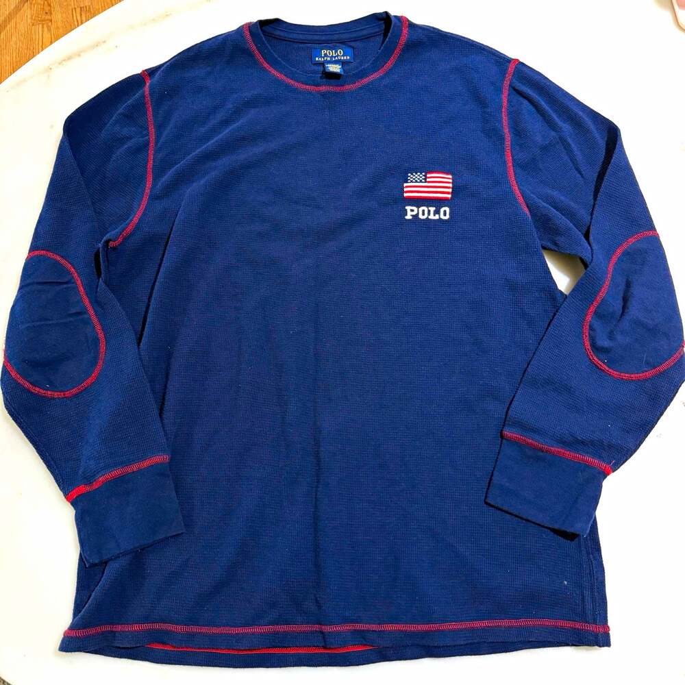 Polo Ralph Lauren Men’s XL Waffle Knit Pajama Top Navy US Flag Long Sleeve Tee